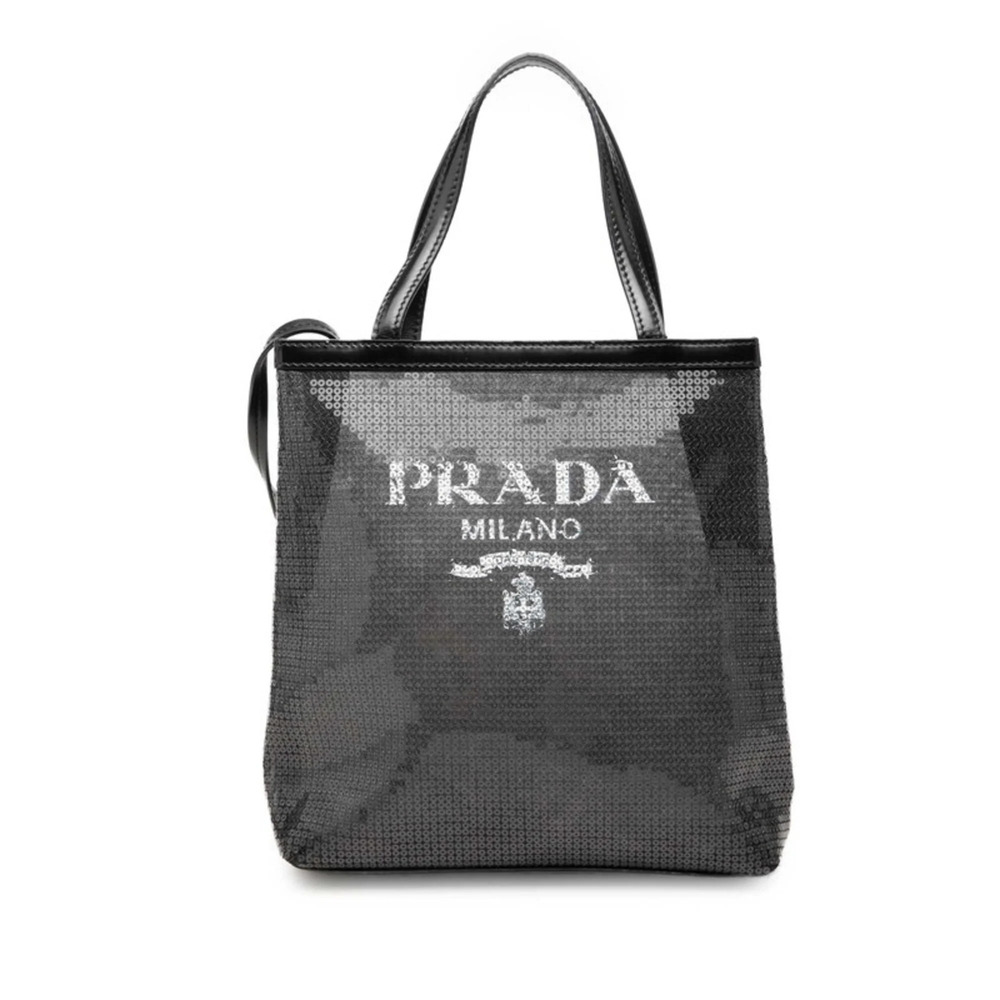 Prada Logo Tote Bag Handbag 1BG417 Black Sequin Leather Mesh Women's PRADA